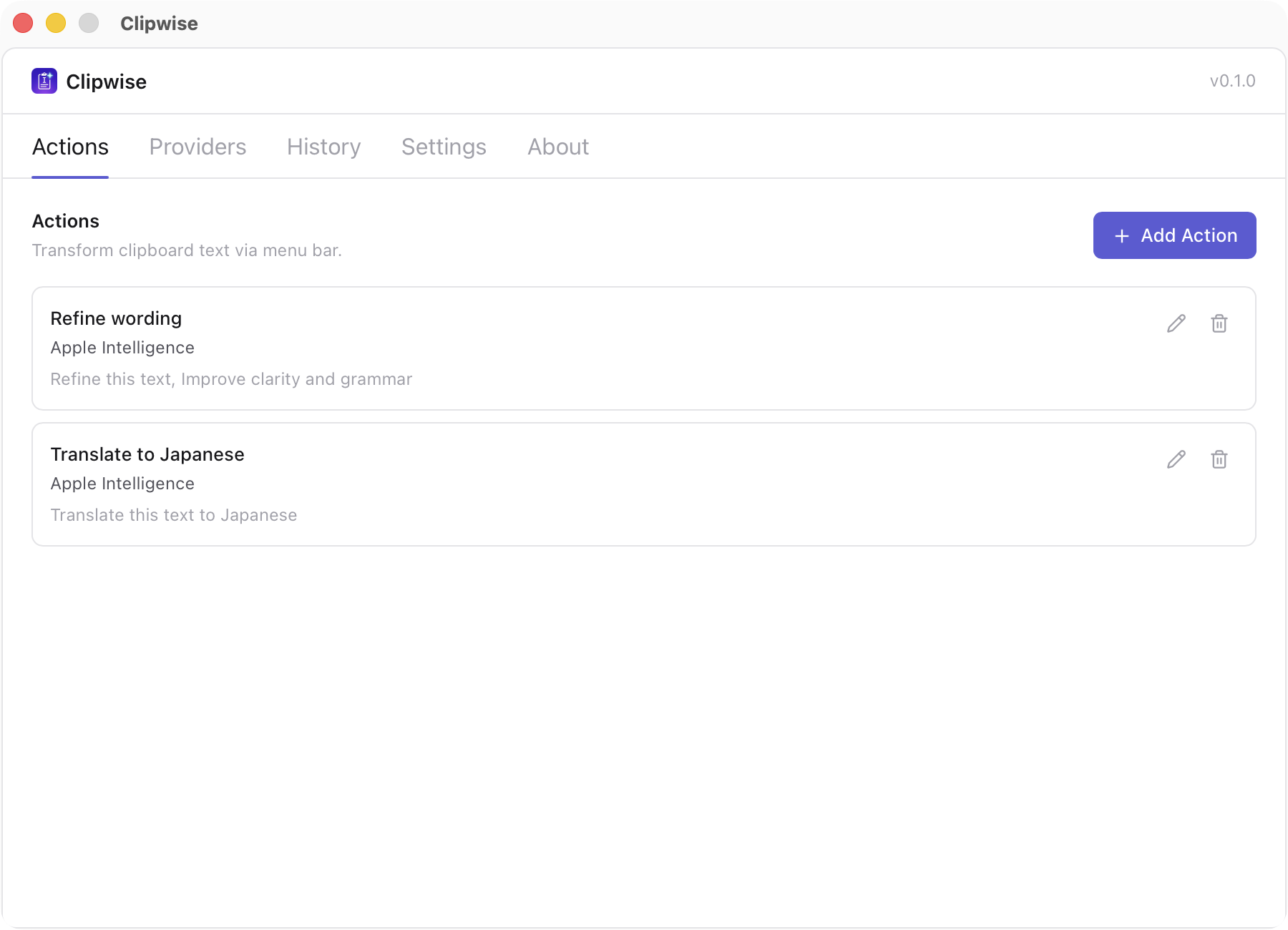 Clipwise actions view with custom text transformation actions
